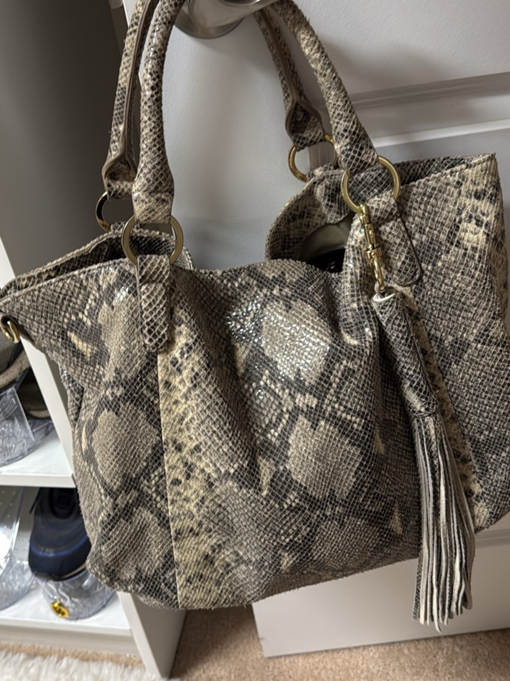G.I.G.I Snake-Print Tote Bag with Large Tassel - Neutral Taupe